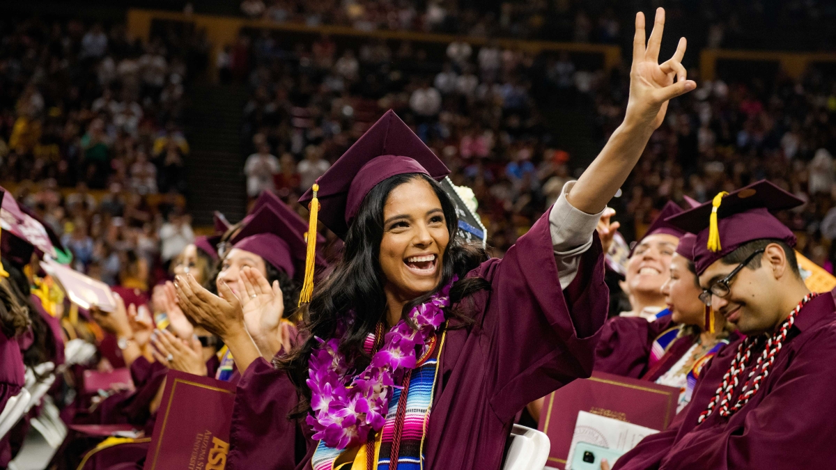 A student celebrates at the 2019 Hispanic Convocation