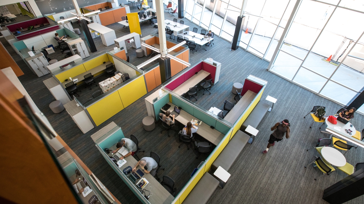 Aerial view of cubicles in the new English Department building