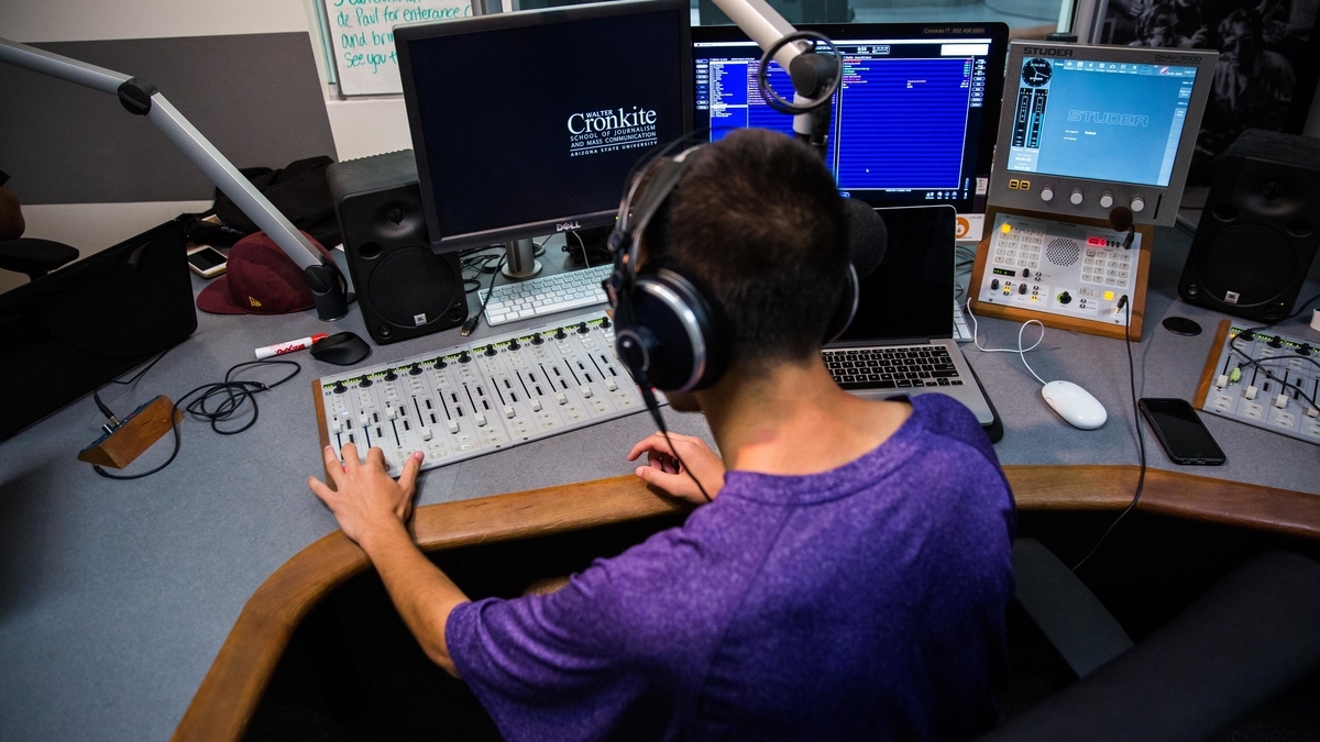 A radio broadcast booth during a show