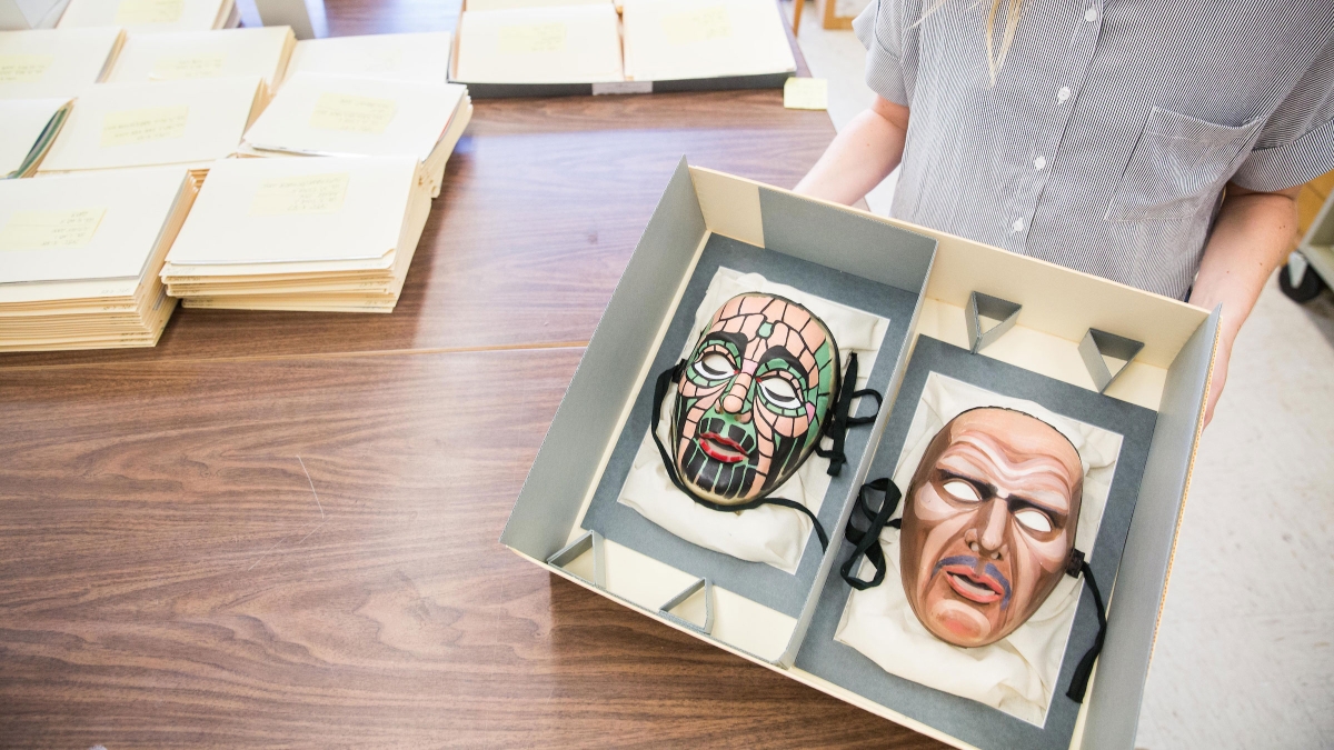 Two Irene Corey theater masks at ASU Library