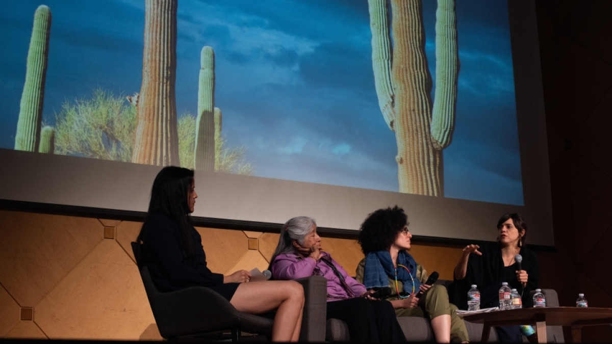 group of scholars talking on a stage with a photo of saguaros in the background