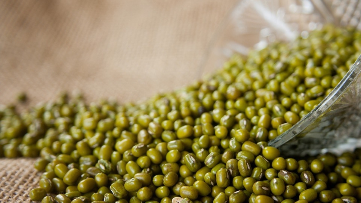 mung beans being poured out of a bowl