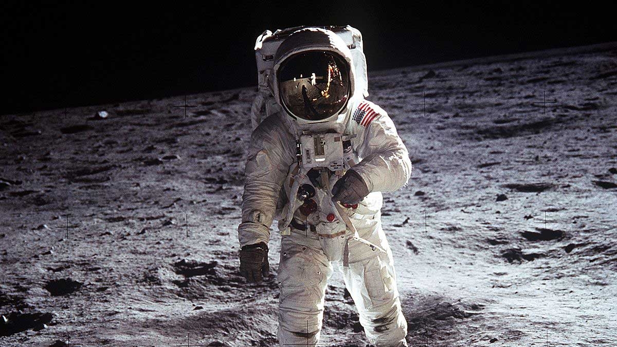 Buzz Aldrin walks on the moon