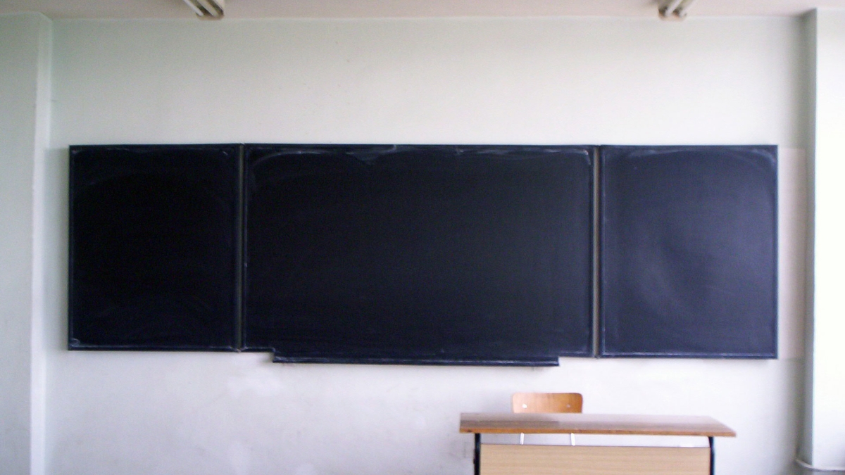 desk and chalkboard in classroom