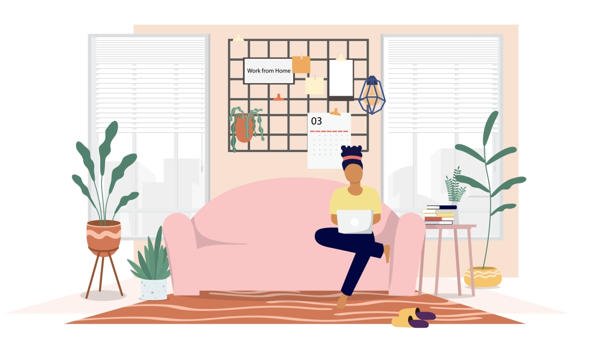 Illustration of a woman sitting on a couch with a laptop, working from home.