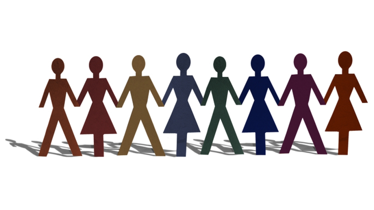 different colored human stick figures holding hands