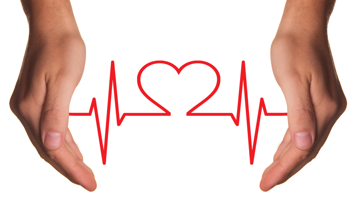 abstract image of vital sign indicator line with a heart between two hands
