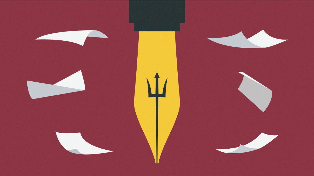 illustration of the tip of a pen featuring an ASU Pitchfork with pages floating around in the background