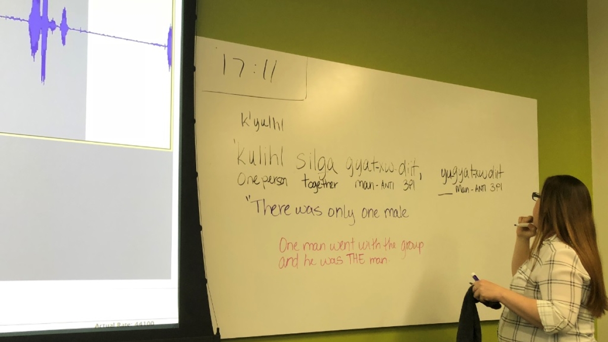 woman looking at white board with words written on it