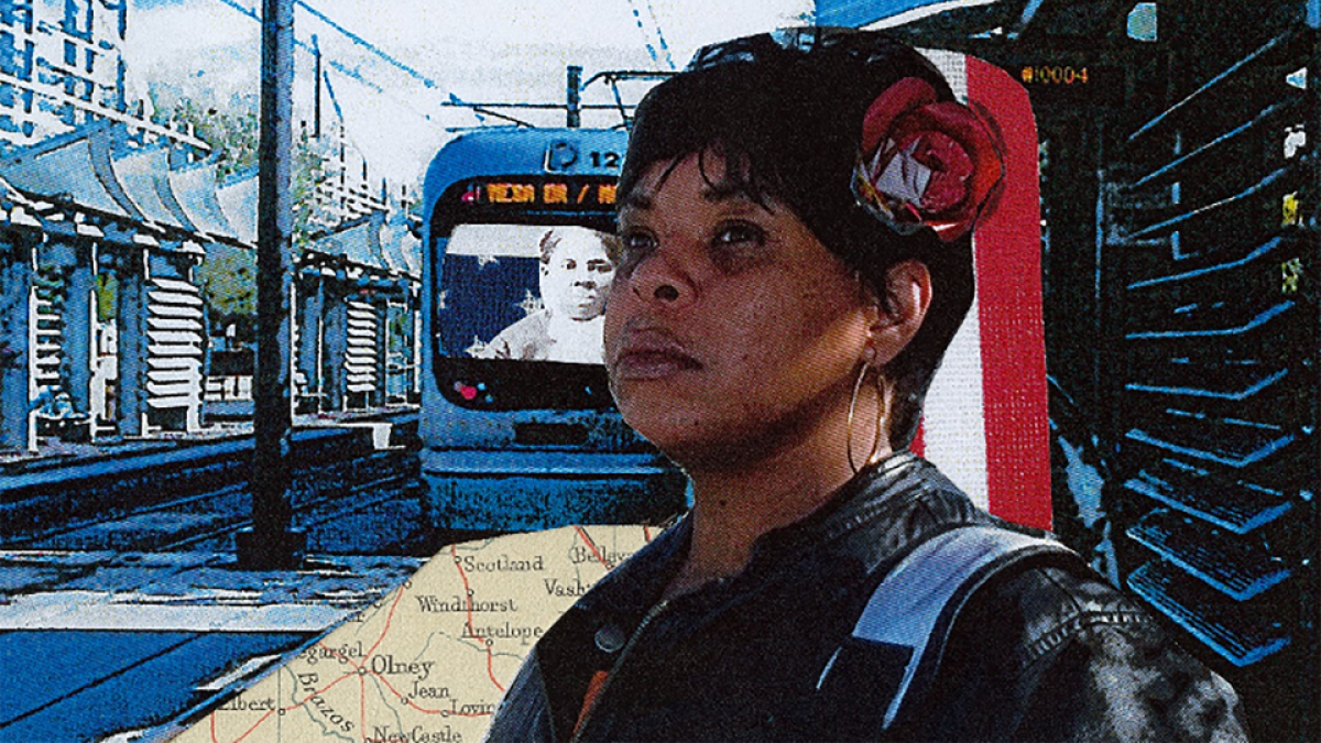 collage showing Black woman standing at train stop with a photo of Harriet Tubman superimposed on the train's window