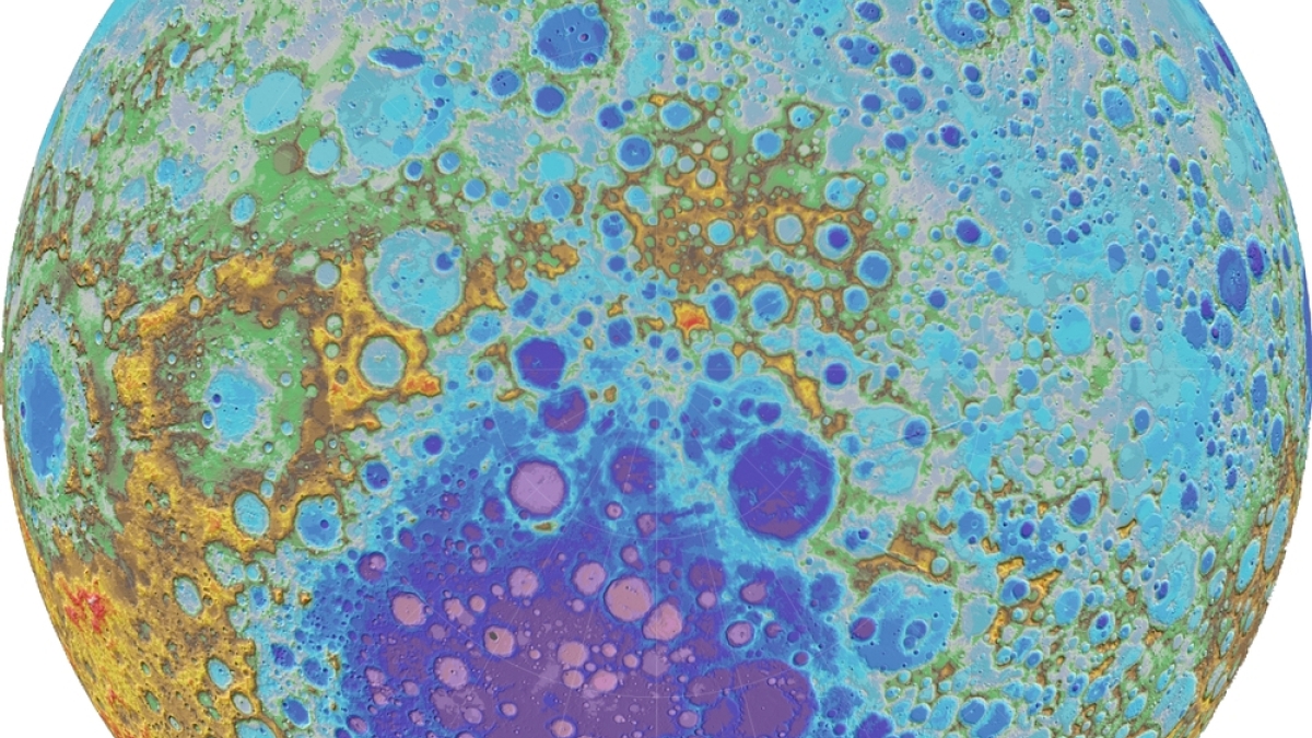 The moon&#039;s south pole, with colored elevations
