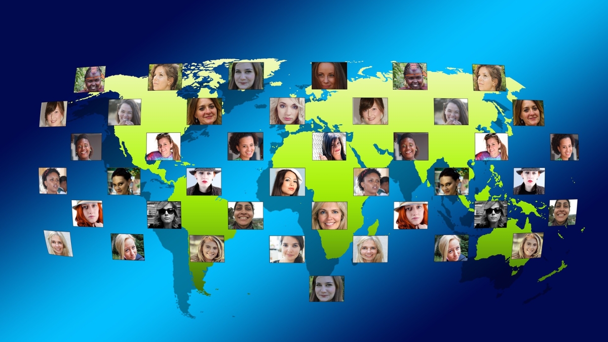 map of world with photos of women's faces scattered across it
