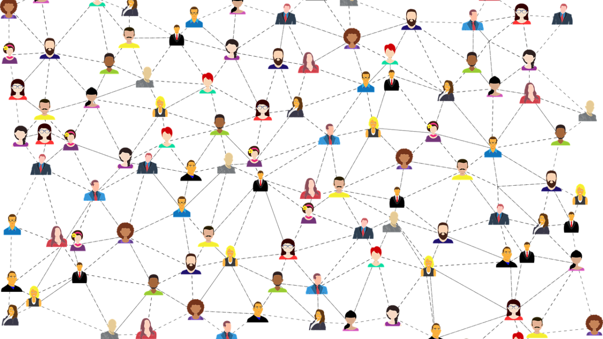 illustration of many different kinds of people connected by dotted lines