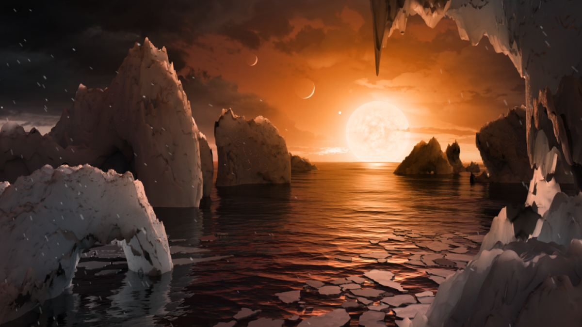 artist's conception of the view from the surface of the exoplanet TRAPPIST-1f