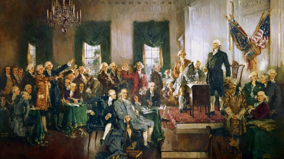 painting of founding fathers talking