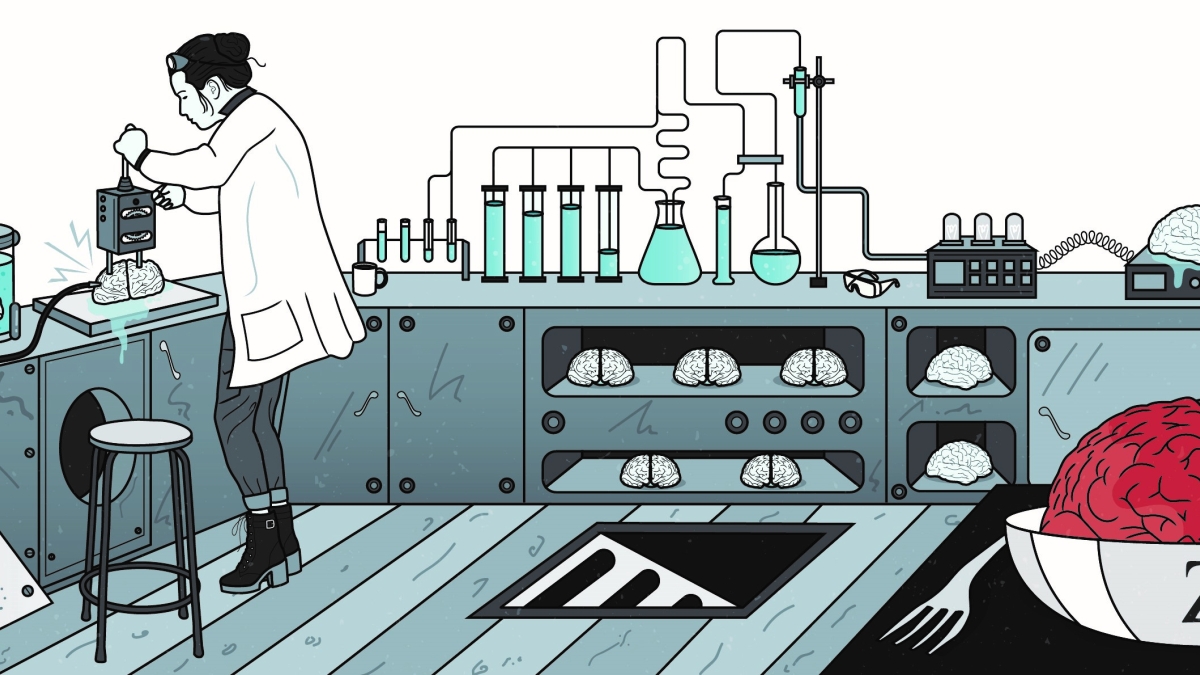 illustration of person in a lab making a zombie