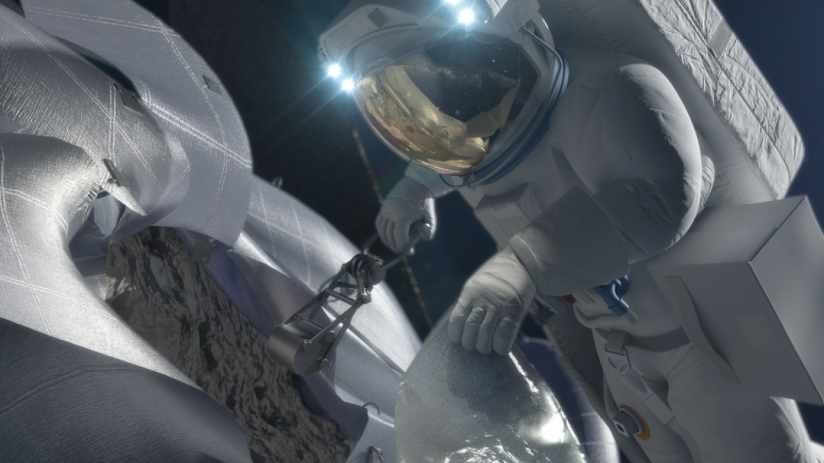 Astronaut taking a sample from an asteroid