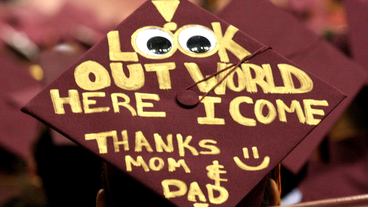 Graduation cap that says "Look out world here I come"