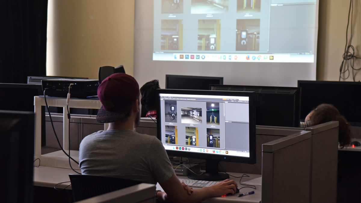 Student looks at photos on computer screen