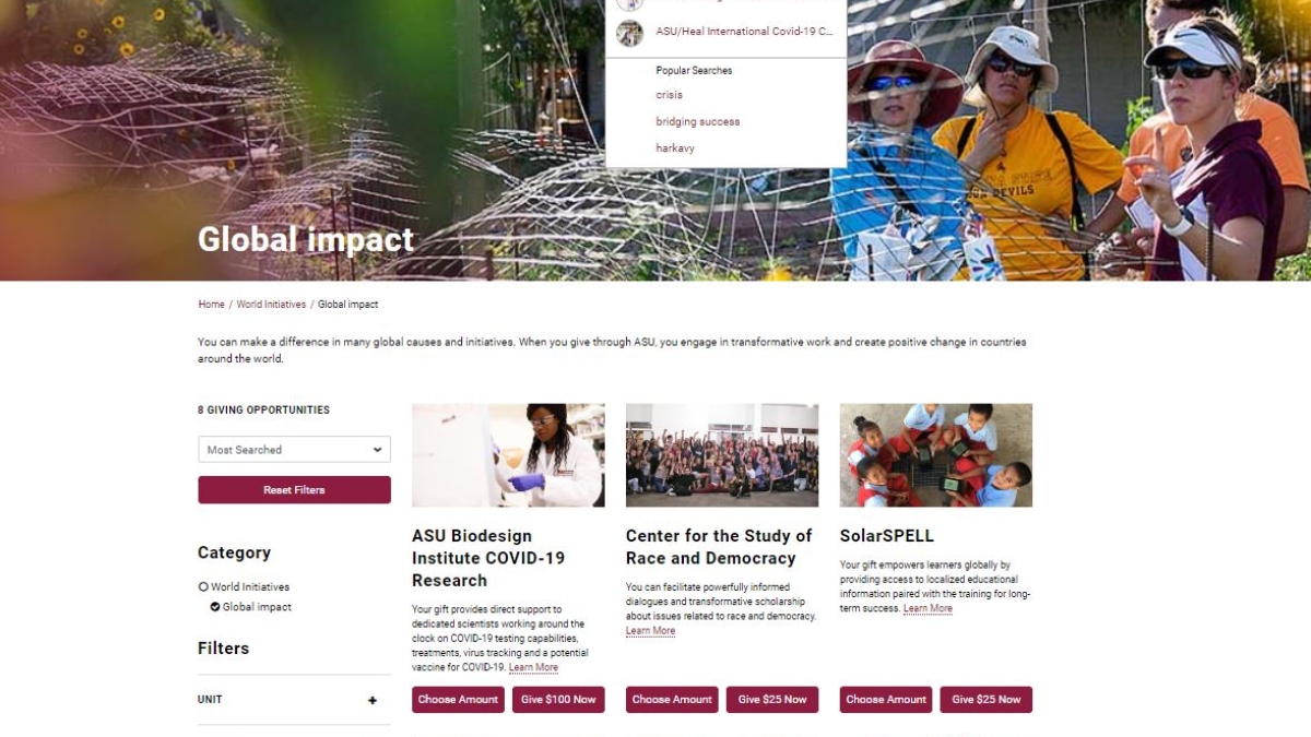 ASU Foundation website screenshot of donor funds available