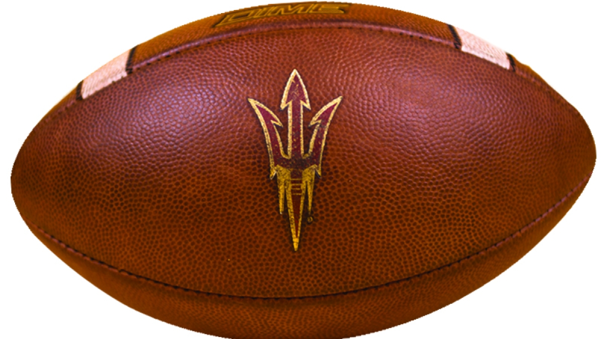 Football with an ASU pitchfork on it