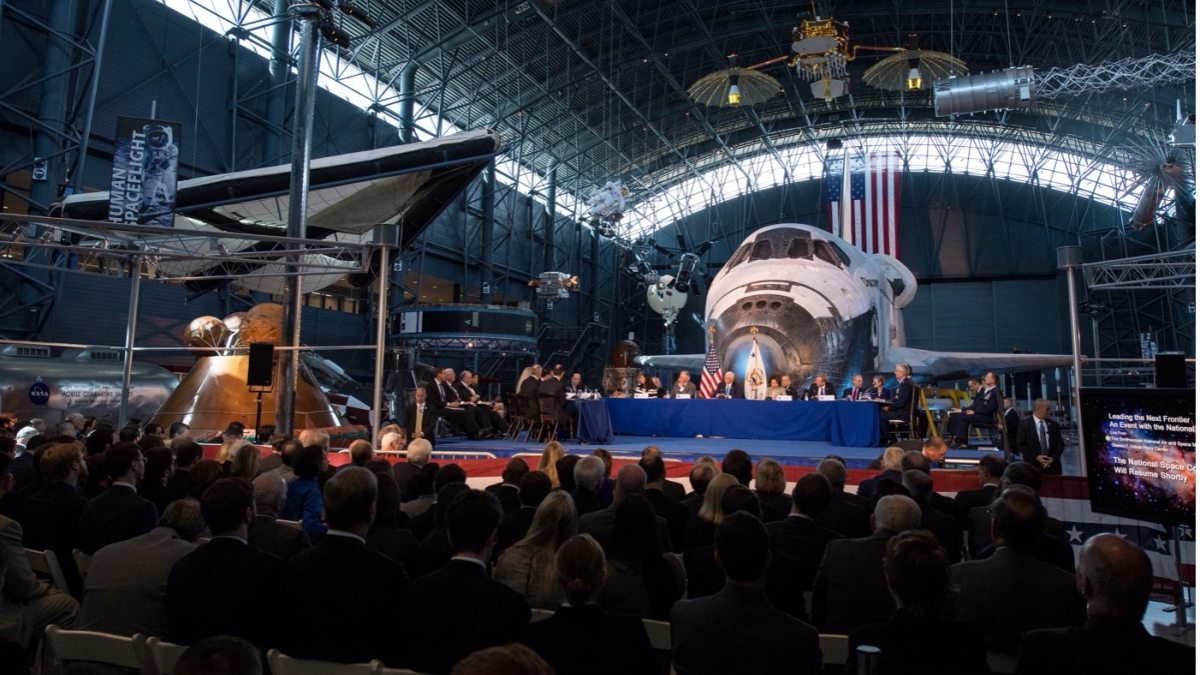 Members of the National Space Council are seen during the council's first meeting, Thursday, Oct. 5, 2017, at the Smithsonian National Air and Space Museum's Steven F. Udvar-Hazy Center in Chantilly, Va. The National Space Council, chaired by Vice Preside