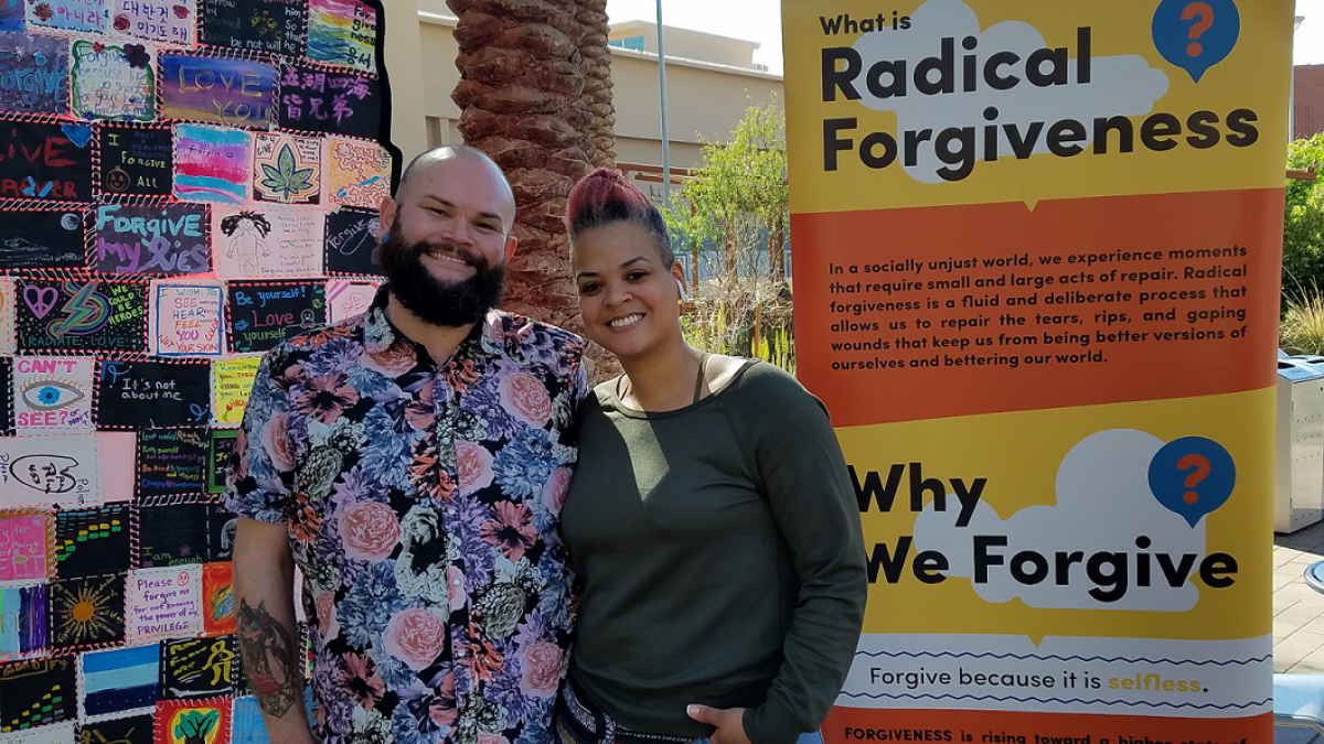 ASU professors Benny LeMaster and Amber Johnson on the ASU Tempe Campus in 2019 with Johnson’s pop up museum