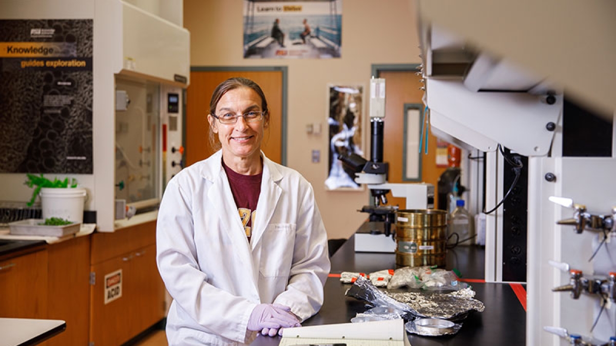 A woman stands in a laboratory, surrounded by scientific equipment. The caption reads: Beth Polidoro is a marine biologist who leads ASU’s Salt Water Assessment Team (SWAT) lab, and an associate professor of environmental chemistry and aquatic conservatio