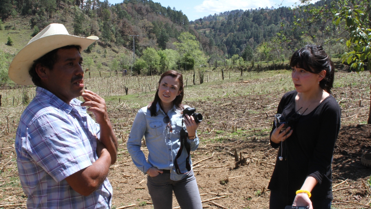 journalism students talking to a farmer in a field