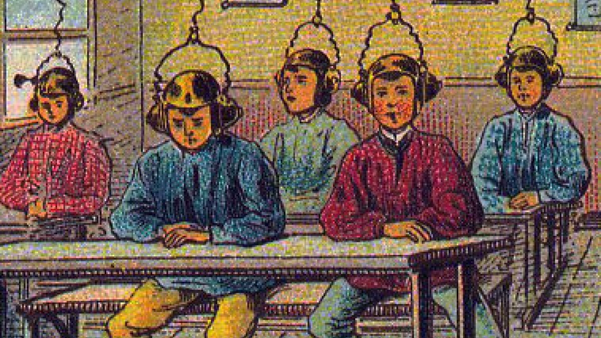 cartoon of students in classroom with futuristic helmets