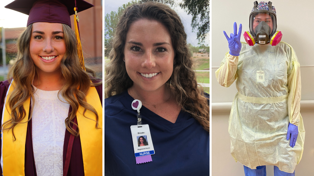 A series of photos showing Brooke LaVelle in her cap and gown, nursing scrubs and more recently in full personal protective equipment