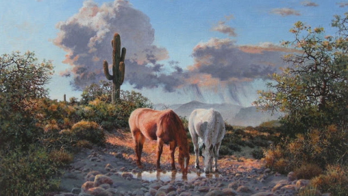 landscape painting of horses in the desert