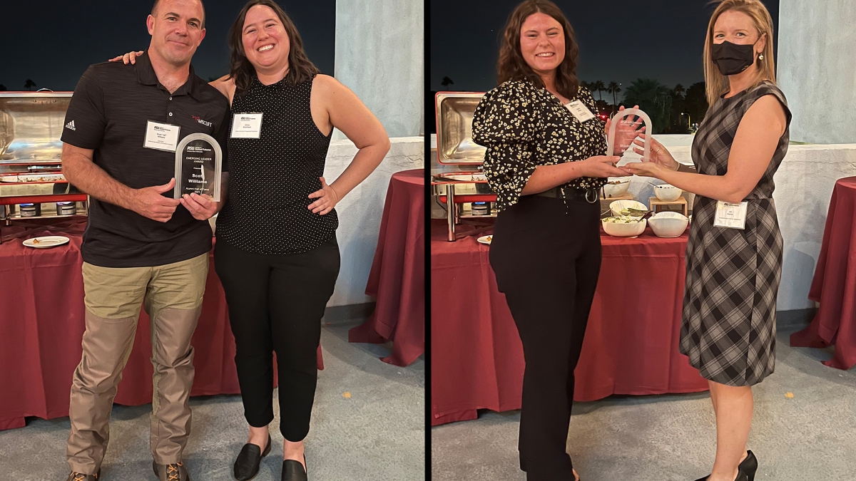 Scott Williams receives his award from Student and Alumni Engagement Coordinator Jenny Strickland, Madeline Mercer receives her award from Assistant Manager of Student Engagement Abi Graves