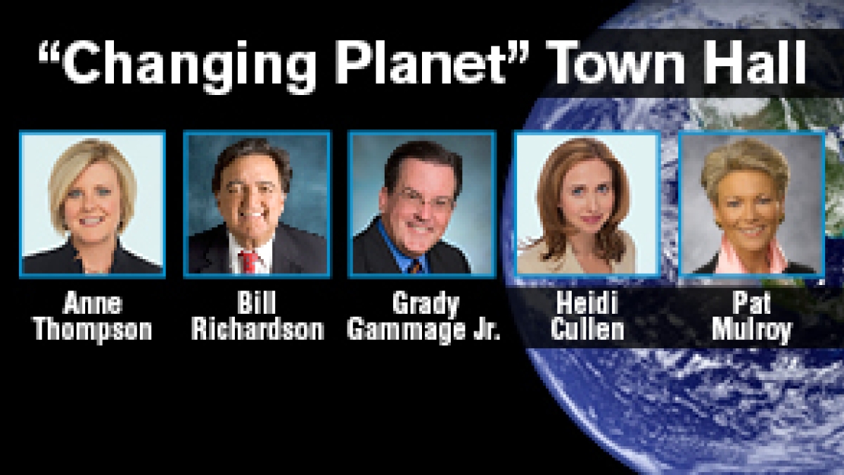 graphic with photos of five speakers for Changing Planet town hall