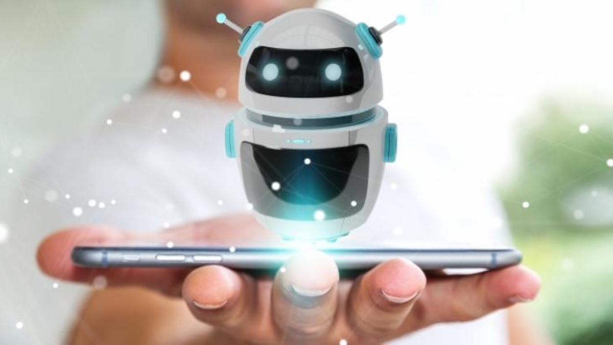 graphic illustration of a robot hovering over a smartphone