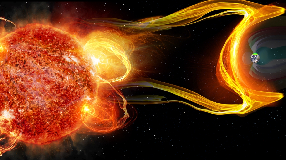 Artist's impression of a coronal mass ejection impacting a planet's protective magnetosphere, generating a polar aurorae.