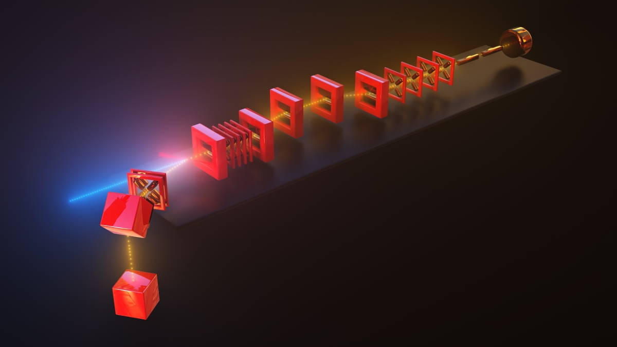 Illustration of how ASU's Compact X-ray Free Electron Laser works, with red squares and lines representing the laser and X-rays.