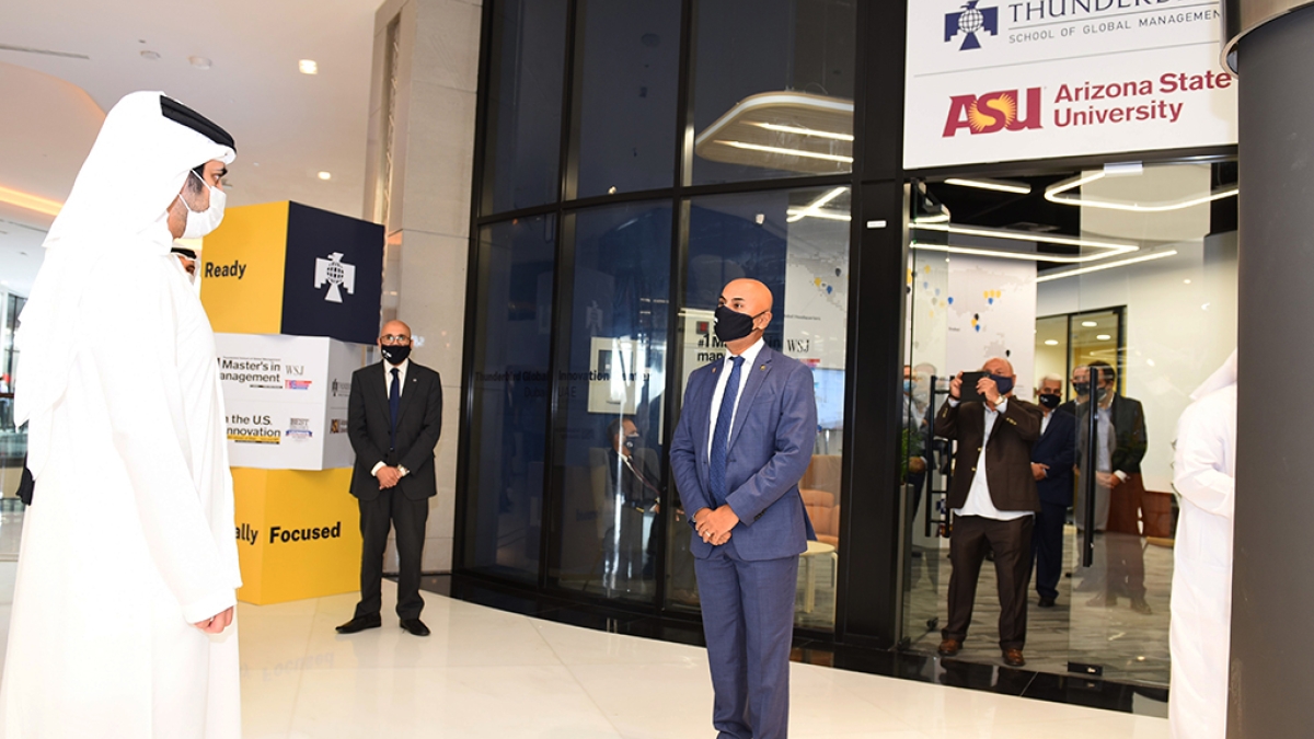 Sheikh Maktoum bin Mohammed bin Rashid Al Maktoum, deputy ruler of Dubai and president of the Dubai International Financial Center standing outside of the Thunderbird Innovation Center in Dubai
