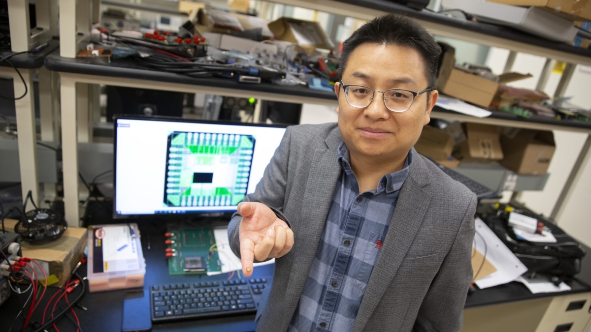 ASU electrical and computer engineer Deliang Fan in his lab.