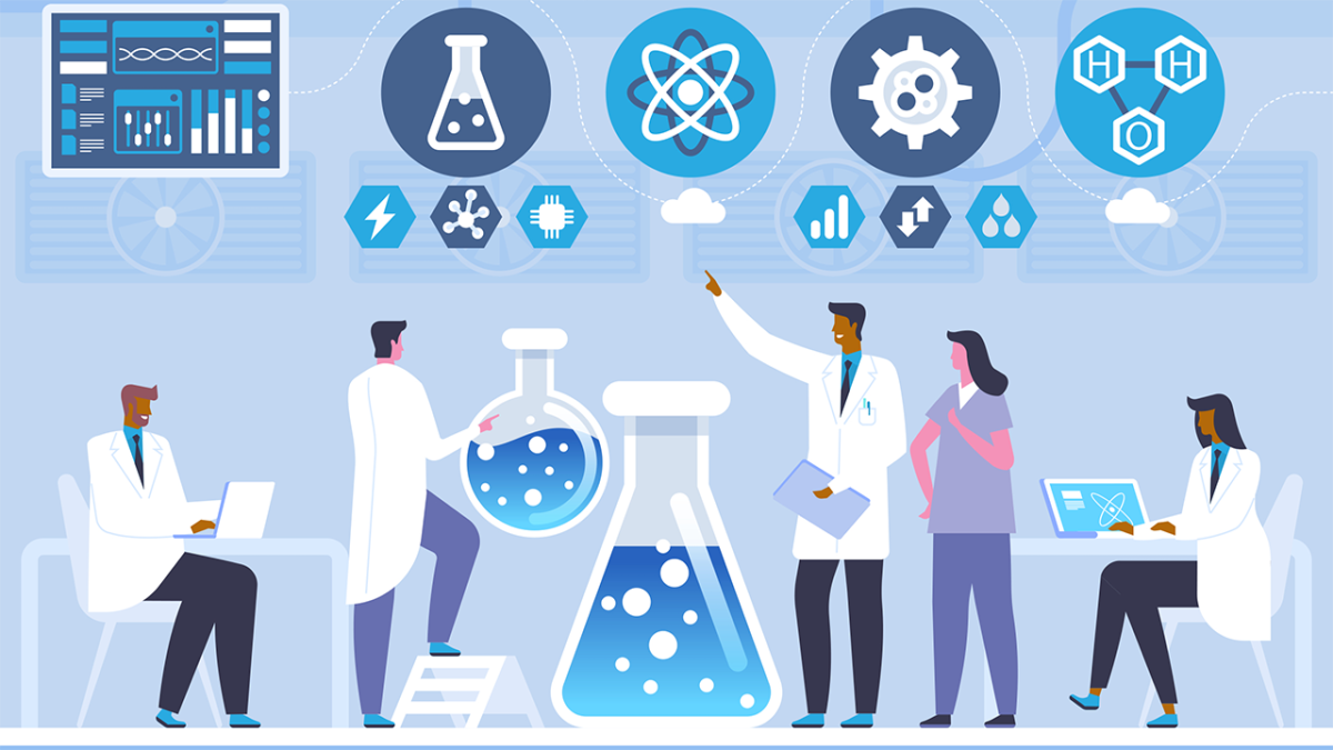 Illustration of group of diverse scientists gathered around large lab equipment