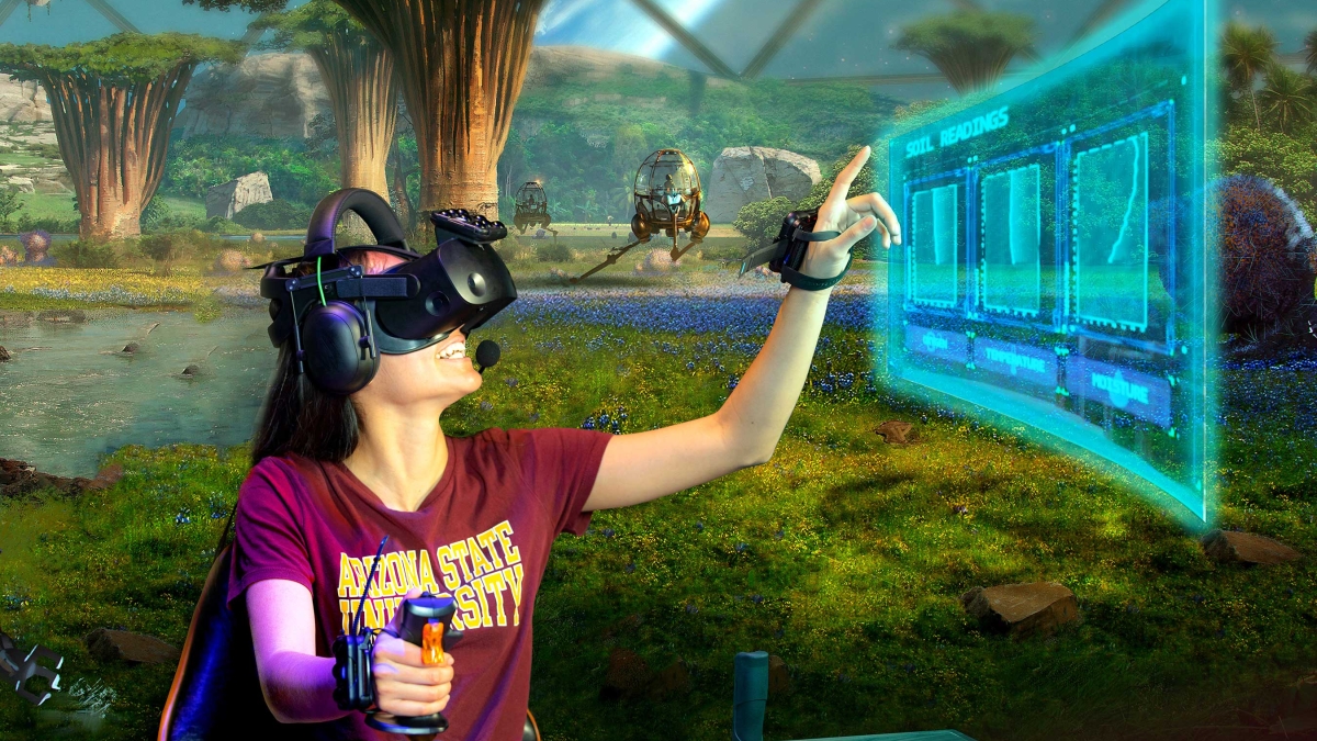 Photo illustration of a student interacting with a VR course.