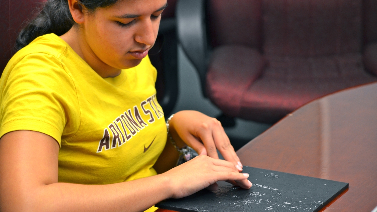 ASU senior Ashleigh Gonzales tests new 3D tactile boards