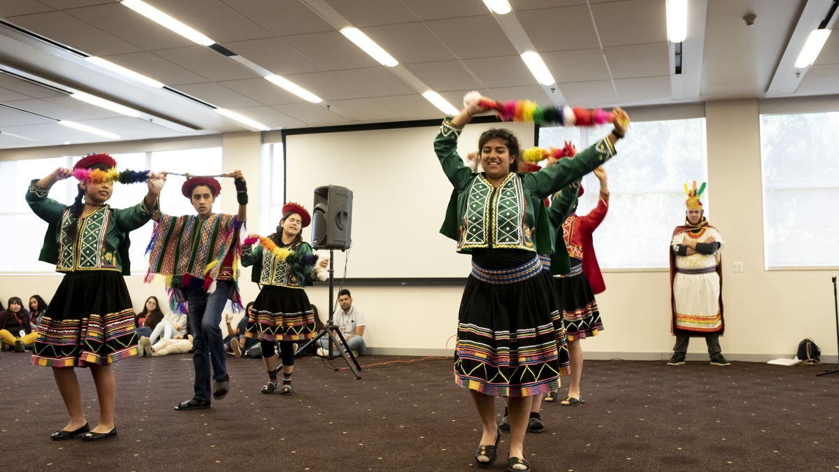 Students from the Learning Foundation and Performing Arts school in Gilbert perform a traditional Peruvian folk dance called valicha at the Memorial Union on the Tempe campus during the School of International Letters and Cultures' annual Language Fair.