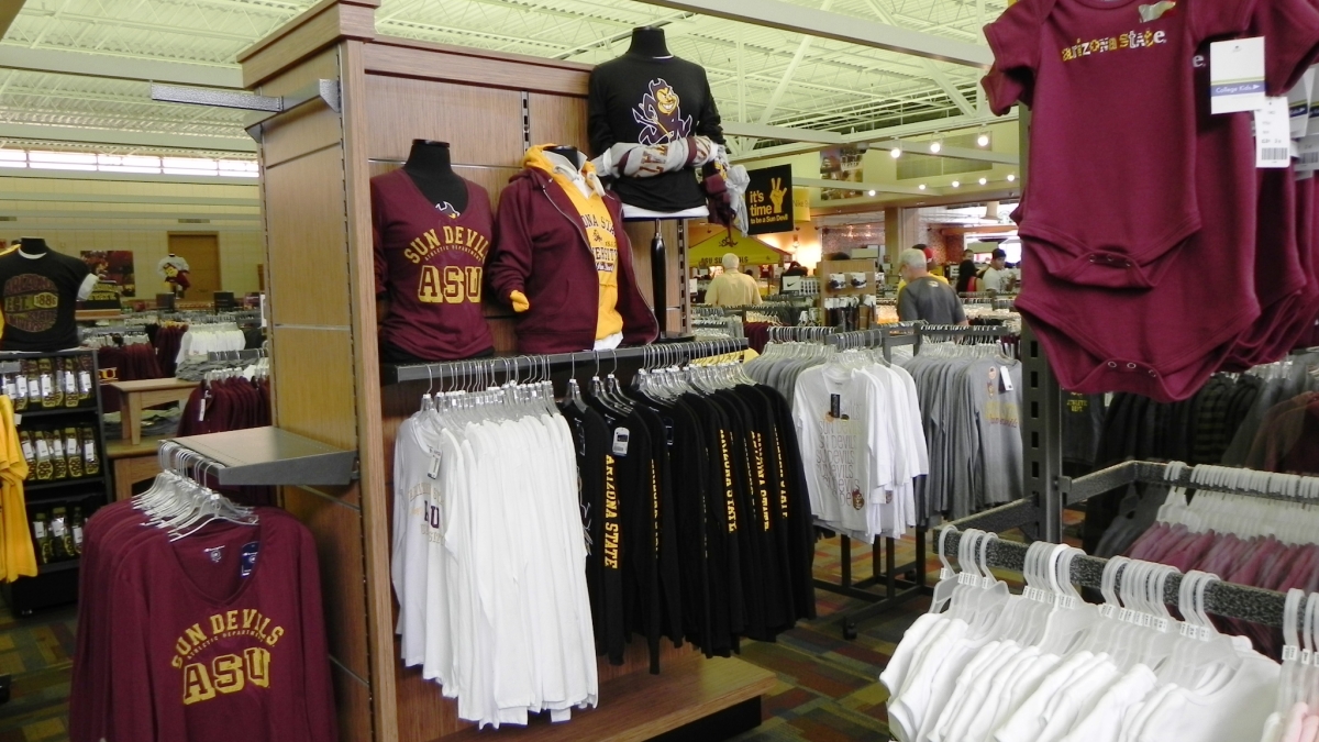 The clothing retail area of the Tempe campus bookstore