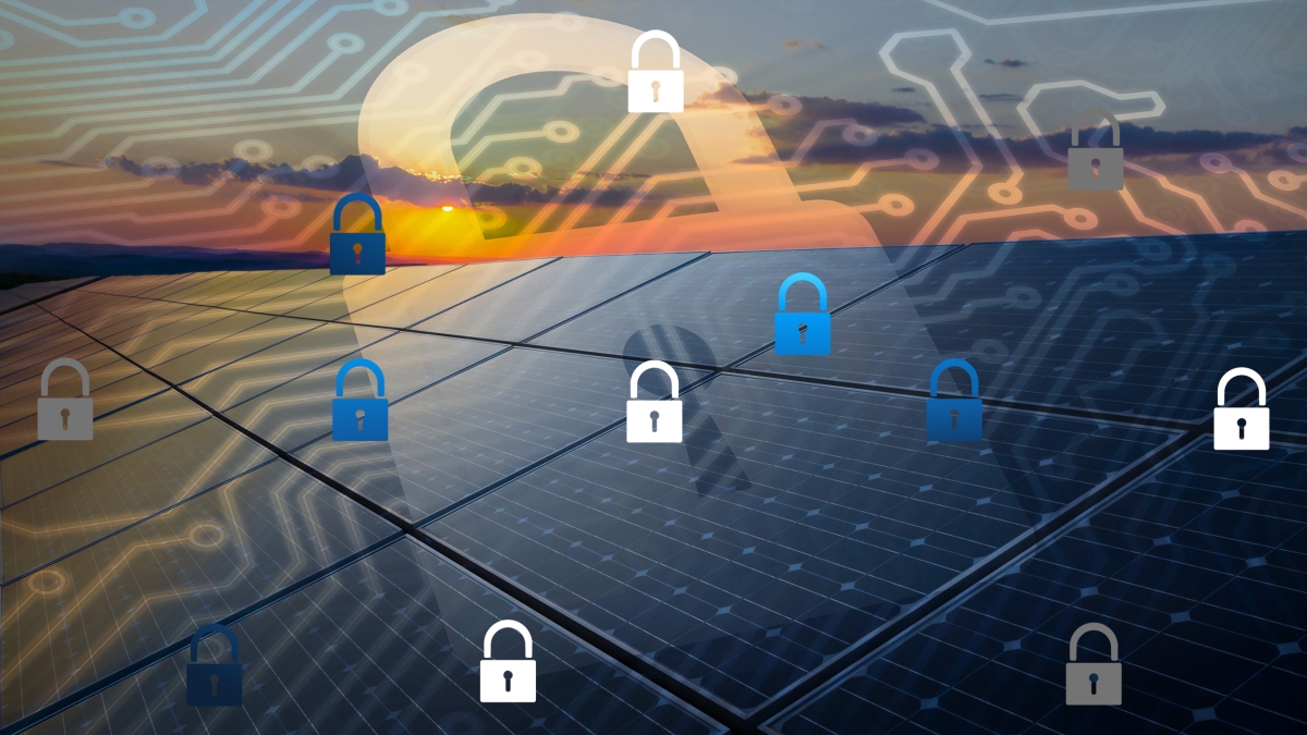Locks and a translucent computer chip are superimposed on a background of solar panels