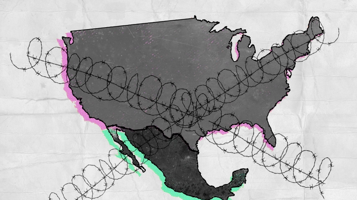 Illustration of a map of the United States and Mexico with barbed wires crossed over the top of it.