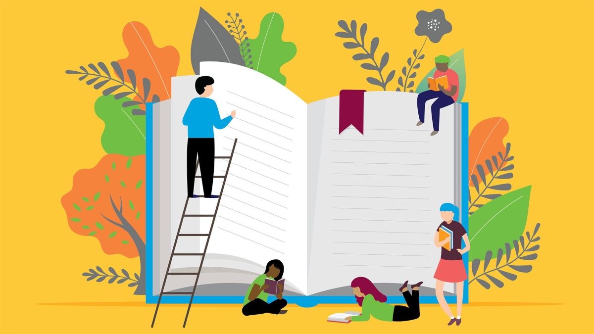 Illustration of a person climbing a ladder leaned against a very large book. Another person sits atop the book while other people are seated and standing at the bottom of it.