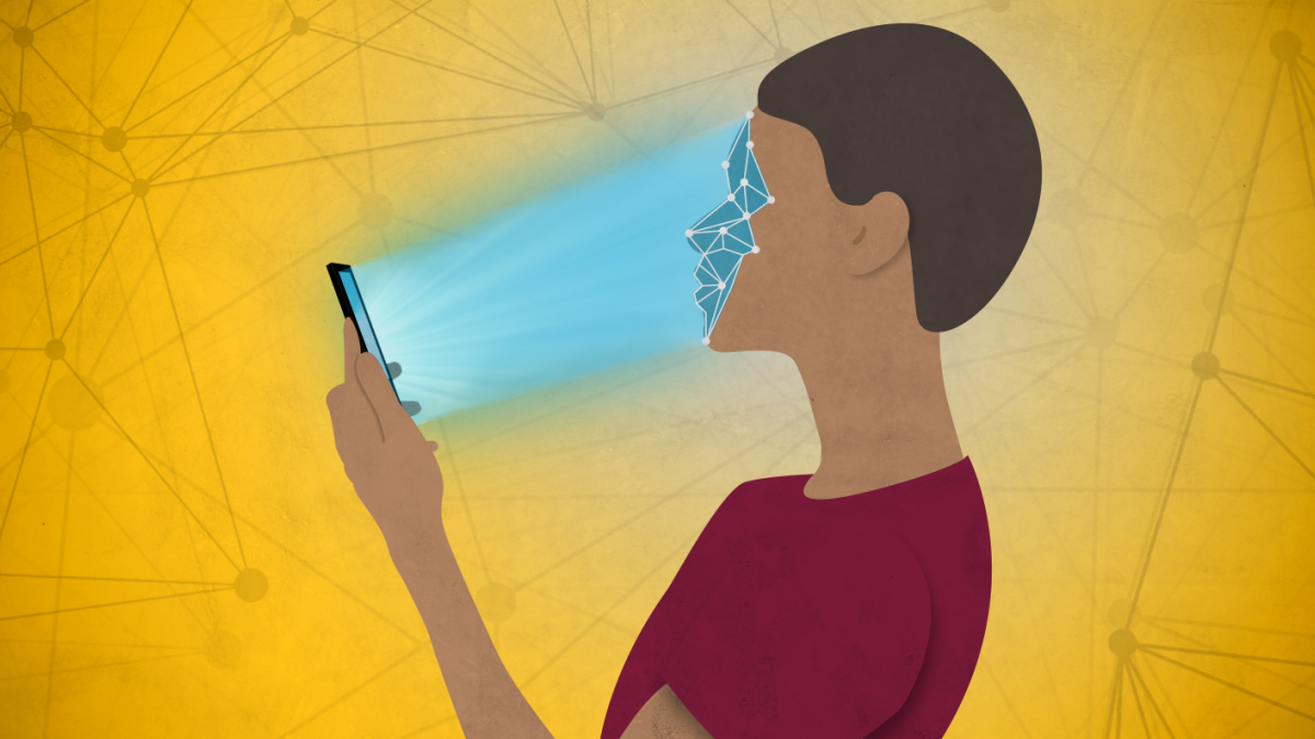 Illustration of person using smartphone facial recognition.
