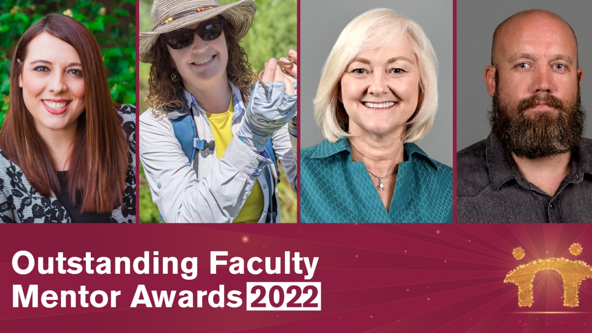 Collage of portraits of four ASU faculty members who are recipients of the Graduate College Outstanding Faculty Mentor Award. 