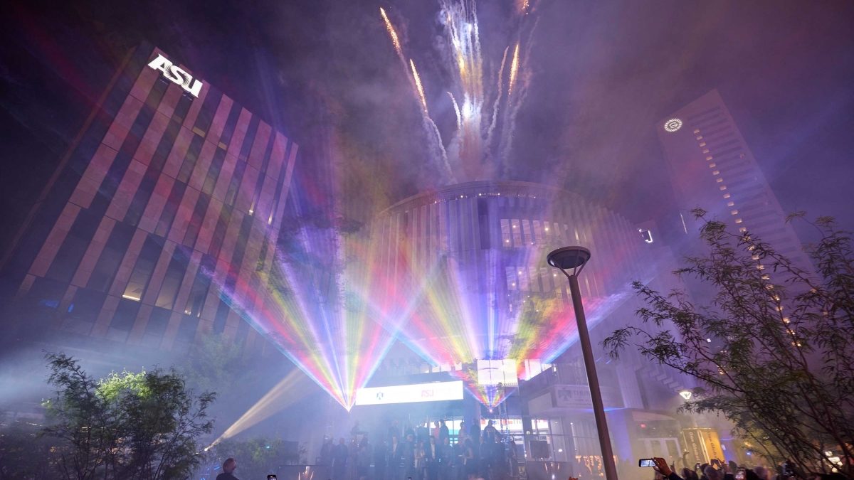 fireworks and lasers on display at new Thunderbird building in downtown Phoenix